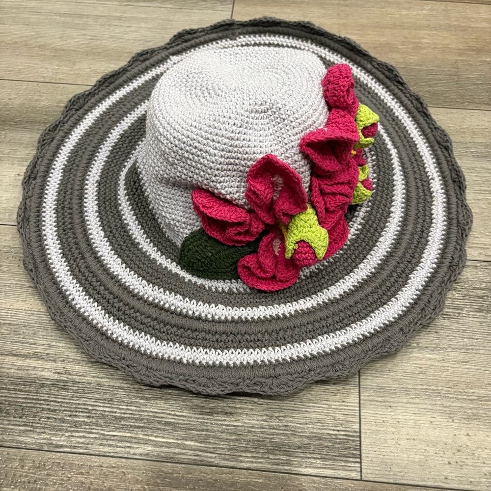 Grey Crochet Hat with Pink Floral Accents